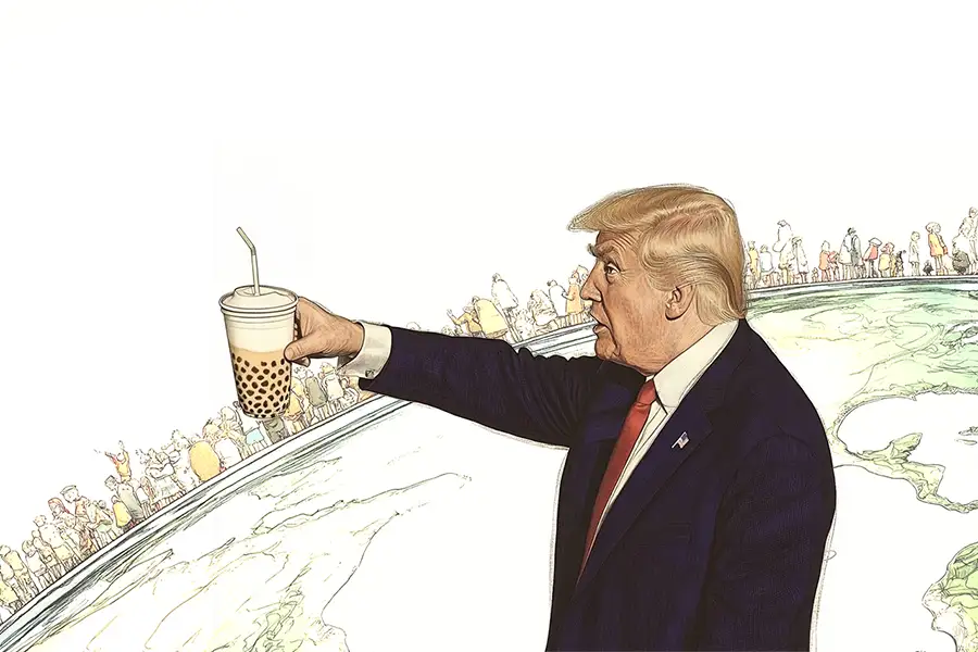 Illustration of Trump and chagee bubble tea
