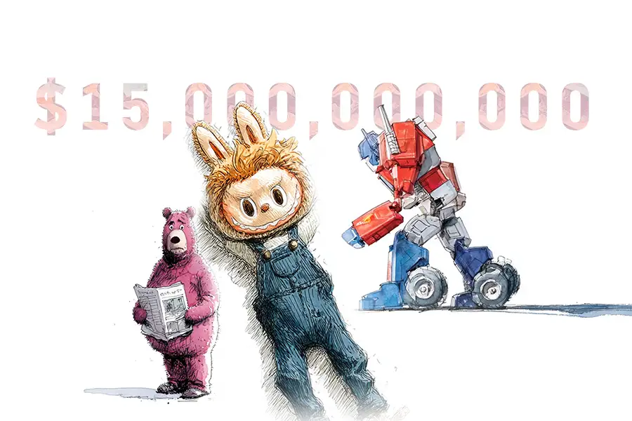Illustration of Labubu, Optimus Prime and Lots-o’-Huggin’ Bear