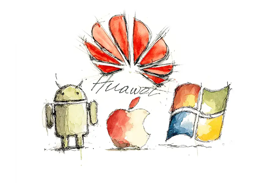 Illustration of Huawei Harmony challenging Android, iOS and Windows