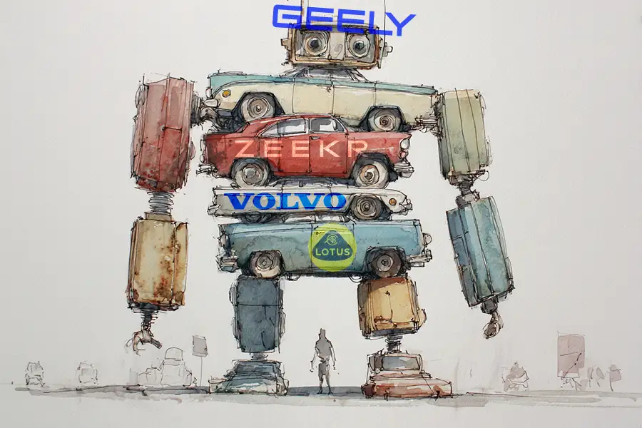 Illustration of the umbrella brand of Geely, which includes Zeekr, Volvo, Lotus.
