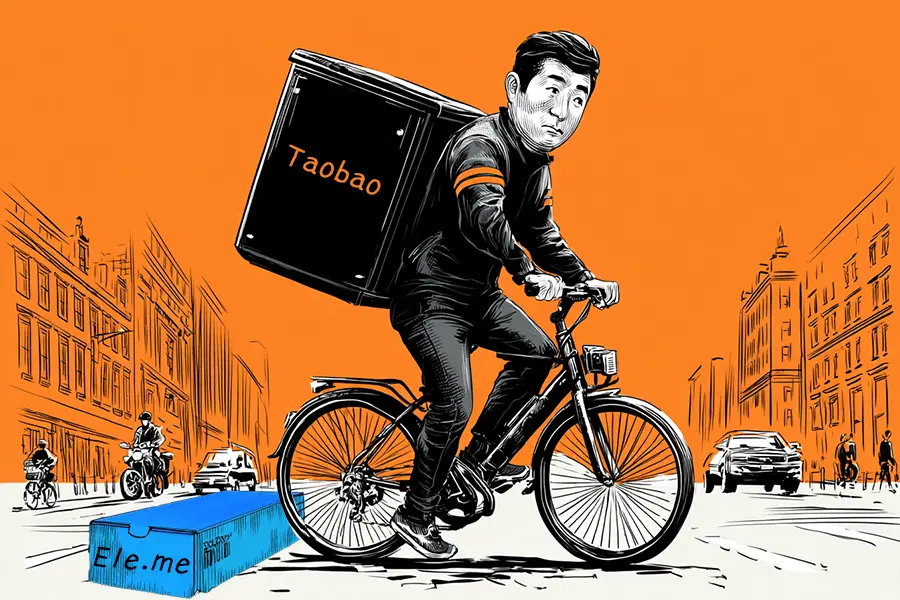 Illustration of a Taobao Shangou rider gets rid of an ele.me box