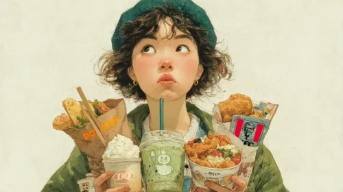 Illustration of a Chinese lady having Mixue, Dairy Queen, Popeyes and KFC