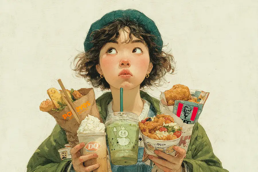Illustration of a Chinese lady having Mixue, Dairy Queen, Popeyes and KFC