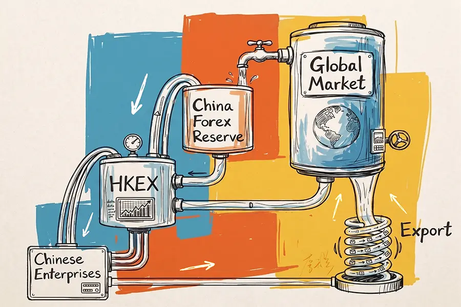 A diagram about China's trade surplus going into Hong Kong Exchange