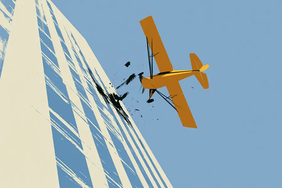 Illustration of a light aircraft crashing into CITIC Tower in Beijing