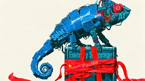 Illustration of solar companies investing in AI while Beijing halts energy storage projects