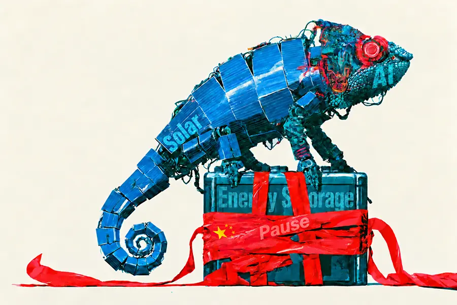 Illustration of solar companies investing in AI while Beijing halts energy storage projects